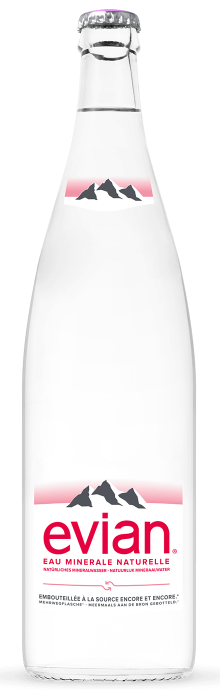 Glasflaschensortiment-100cl-Mineralwasser-evian Das Glasflaschensortiment: das natürliche evian Mineralwasser in Glasflaschen 100cl